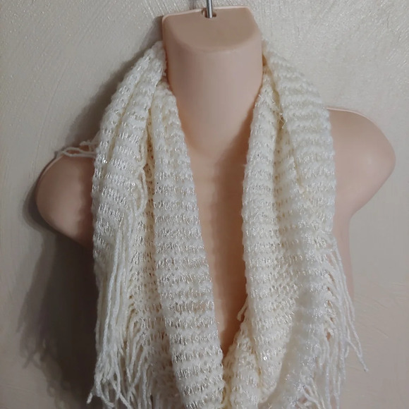 White Knit Infinity Scarf with Sequin Accents and Tasseled Ends - Picture 2 of 4